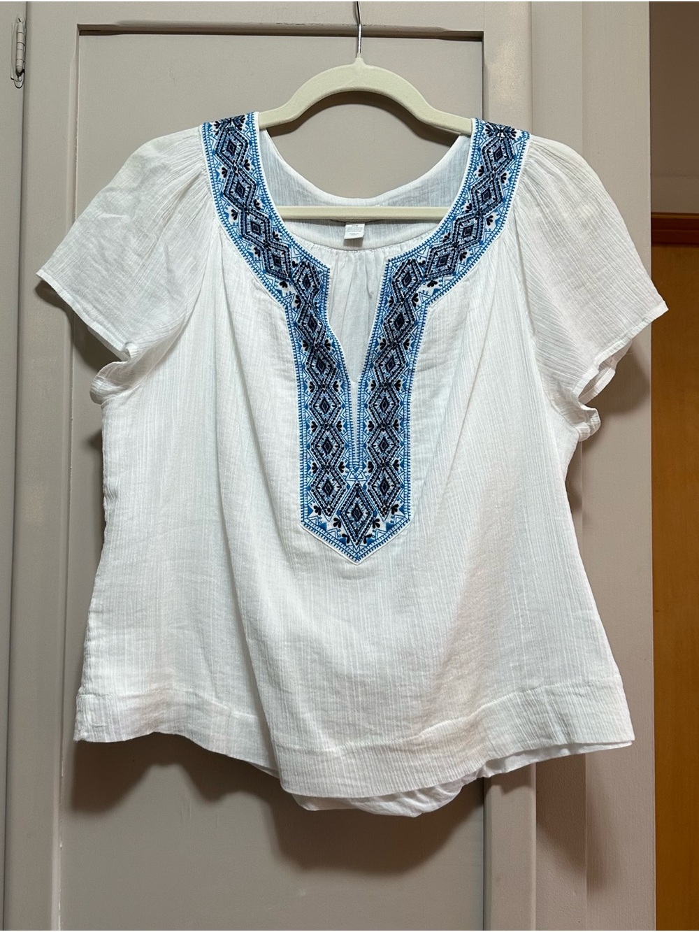 Charter Club White Peasant Top with Blue Embroidered Yoke